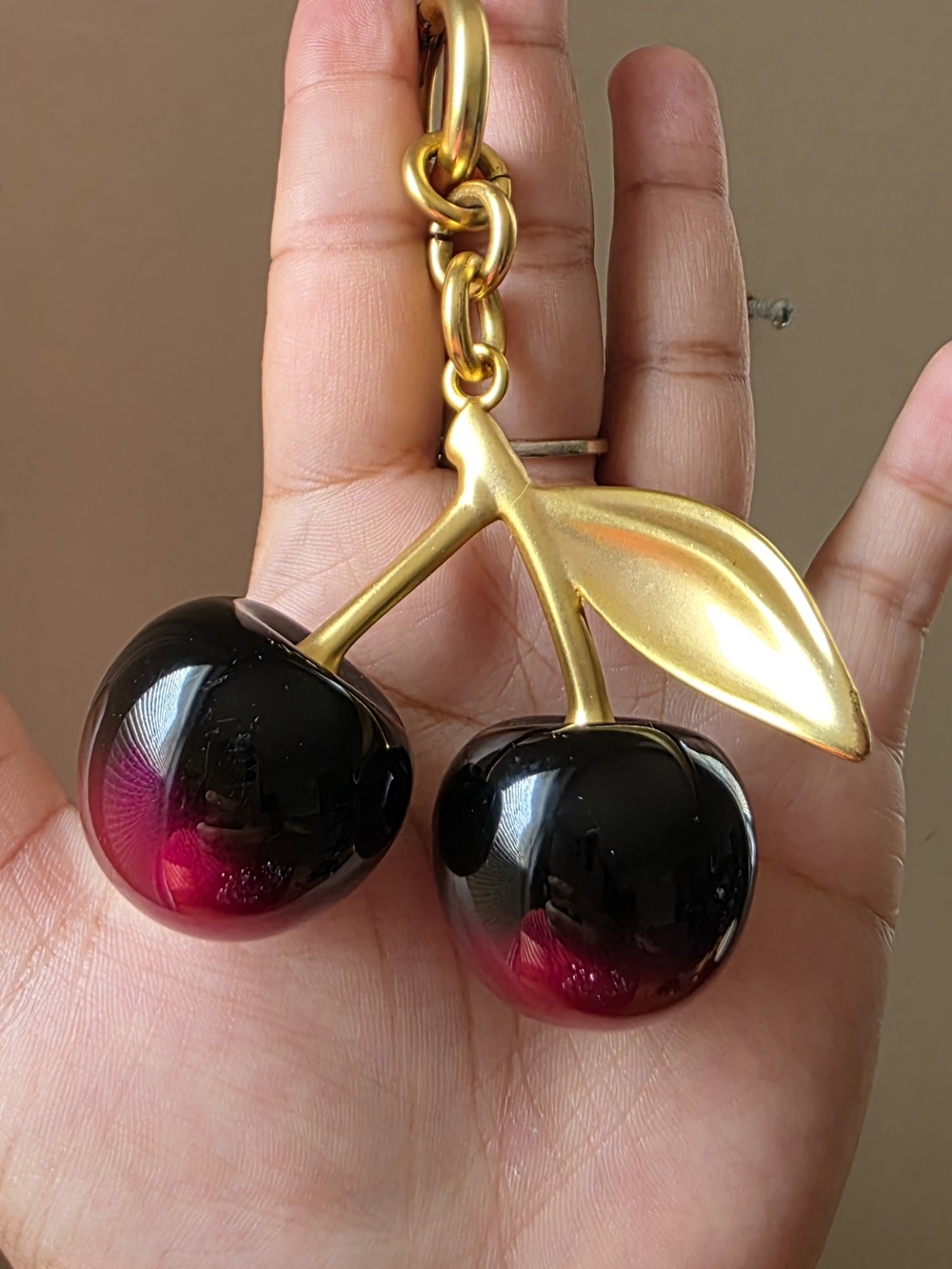 Gold Cherry Pendant Keychain - Black & Pink Cherry Accent